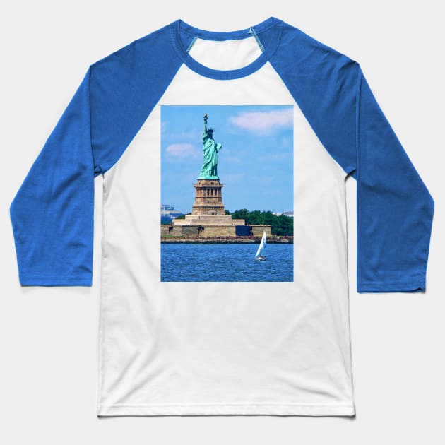 Manhattan NY - Sailboat By Statue Of Liberty Baseball T-Shirt by SusanSavad